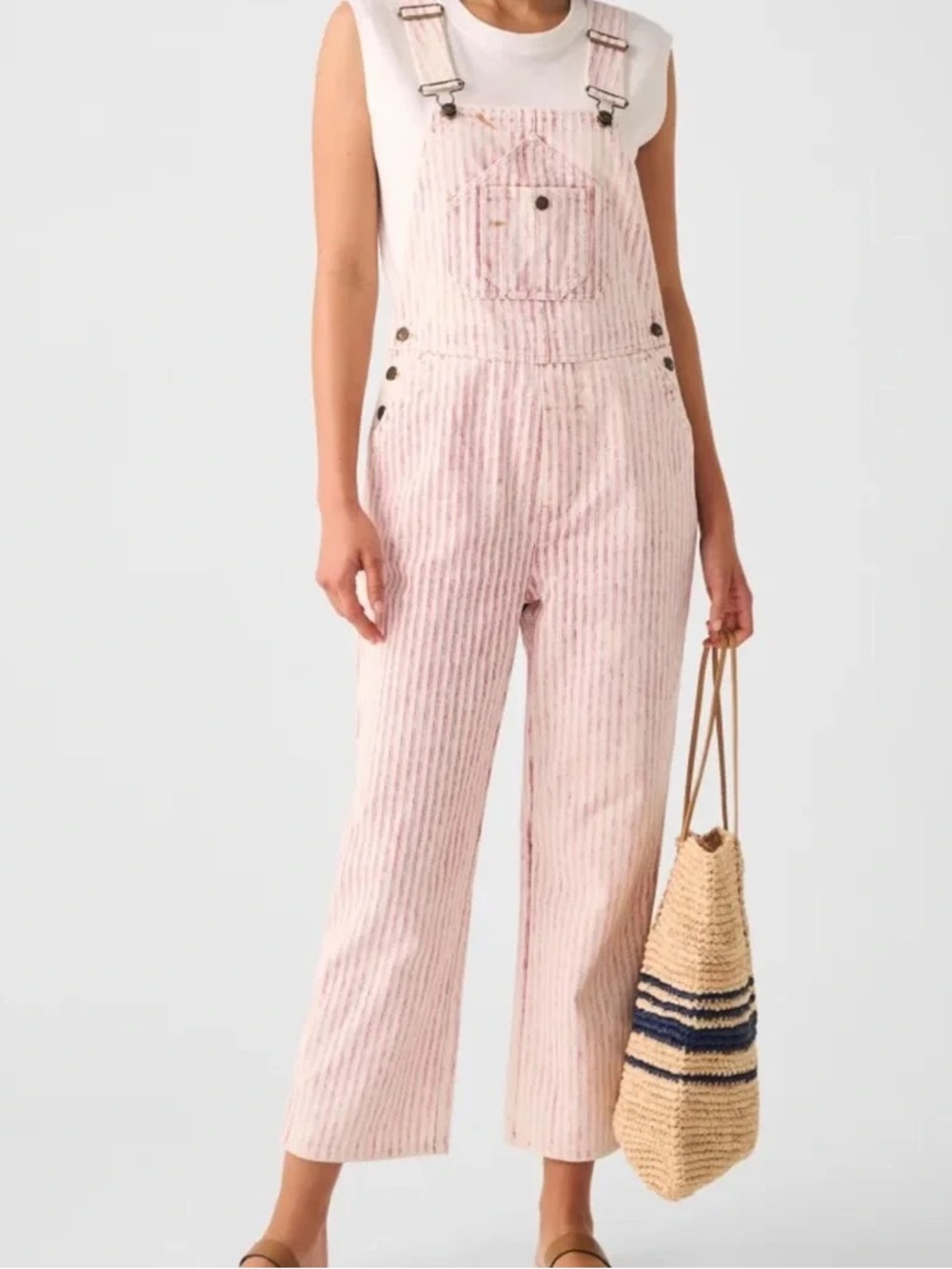 Faherty Topsail pink railroad stripe overalls - Picture 1 of 7